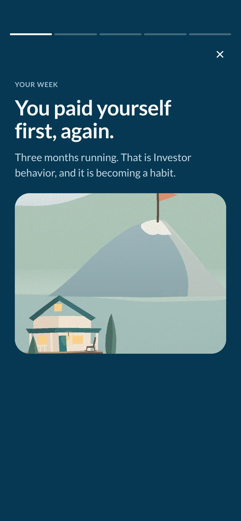 Your week as a story on navy: You paid yourself first, again. Three months running. That is Investor behavior, and it is becoming a habit.